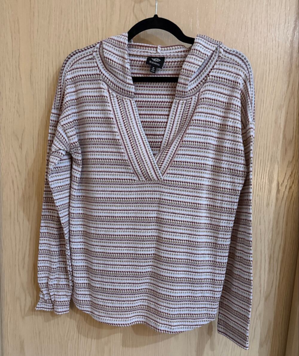 Bobeau Stripe Hoodie Medium Pink Multi Metallic Lurex V Neck Knit Top